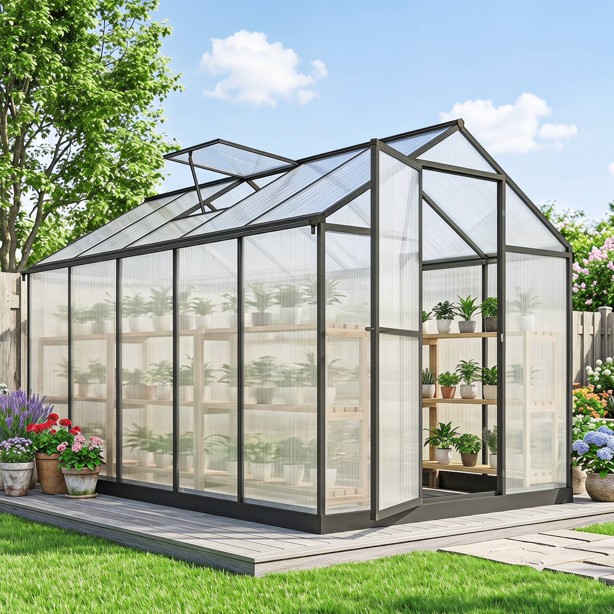 Serre de Jardin Aluminium Polycarbonate 303 x 183 x 195 cm, Fenêtres Réglables et Porte Coulissante - Image 4
