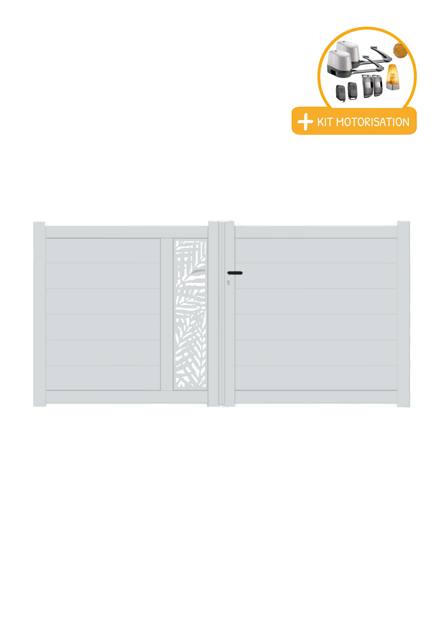 Portail Packit - Portail alu battant découpe laser en kit +MOT dim. L.4000 (entre piliers) X H.1500 mmMOT LOCKYVIA (à bras)  Gris Lumière (RAL 7035)