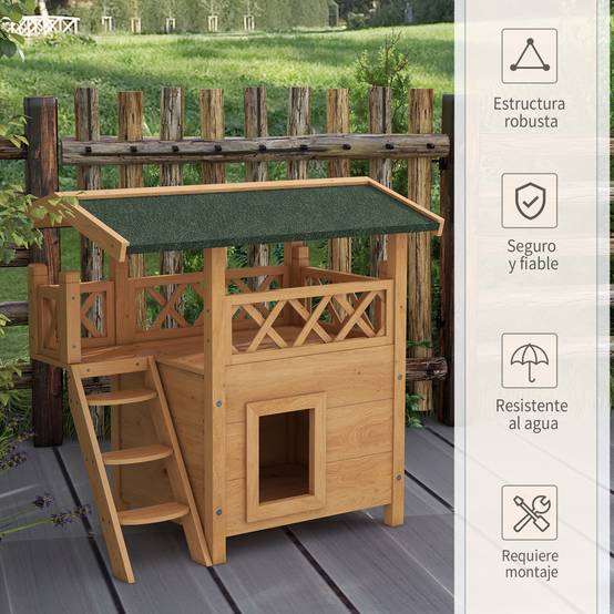 Sans Marque - Niche pour chat à 2 niveaux (77 x 50 x 73 cm) avec toit en asphalte, échelle et balcon pour une utilisation extérieure, couleur naturelle - Image 8