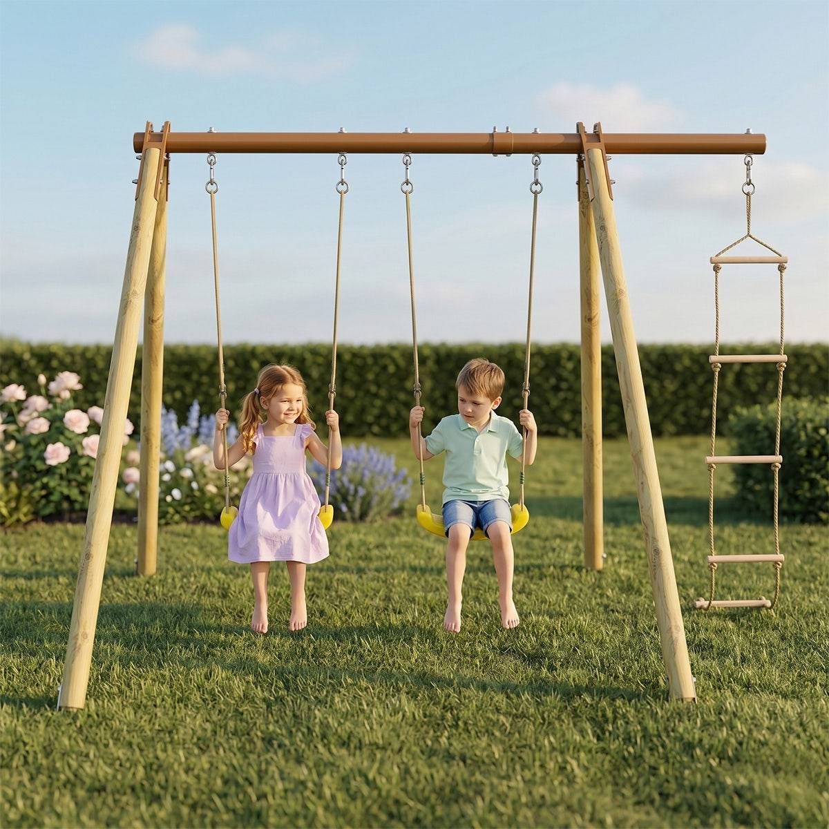 Trigano Jardin - Portique bois poutre métal 1,90 m Techwood Premium PIKI - Image 2