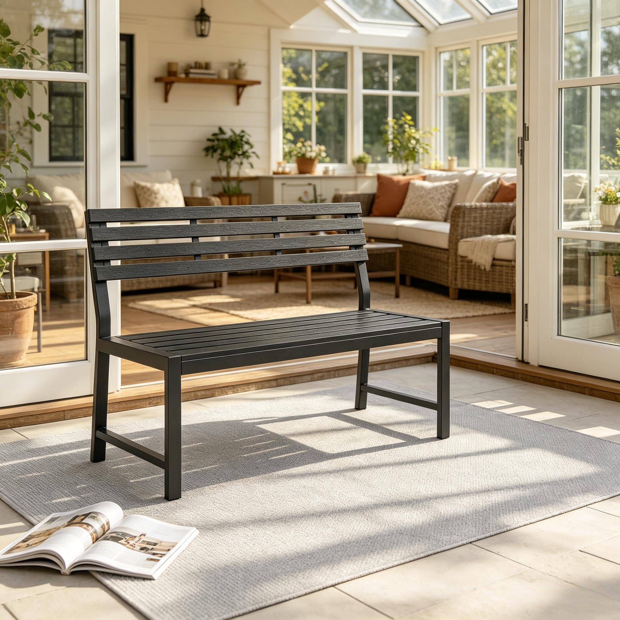 ComfortXL - Banc de jardin métal lattes imitation bois pour terrasse résistant intempéries 115cm noir - ComfortXL Outdoor Living - Image 8