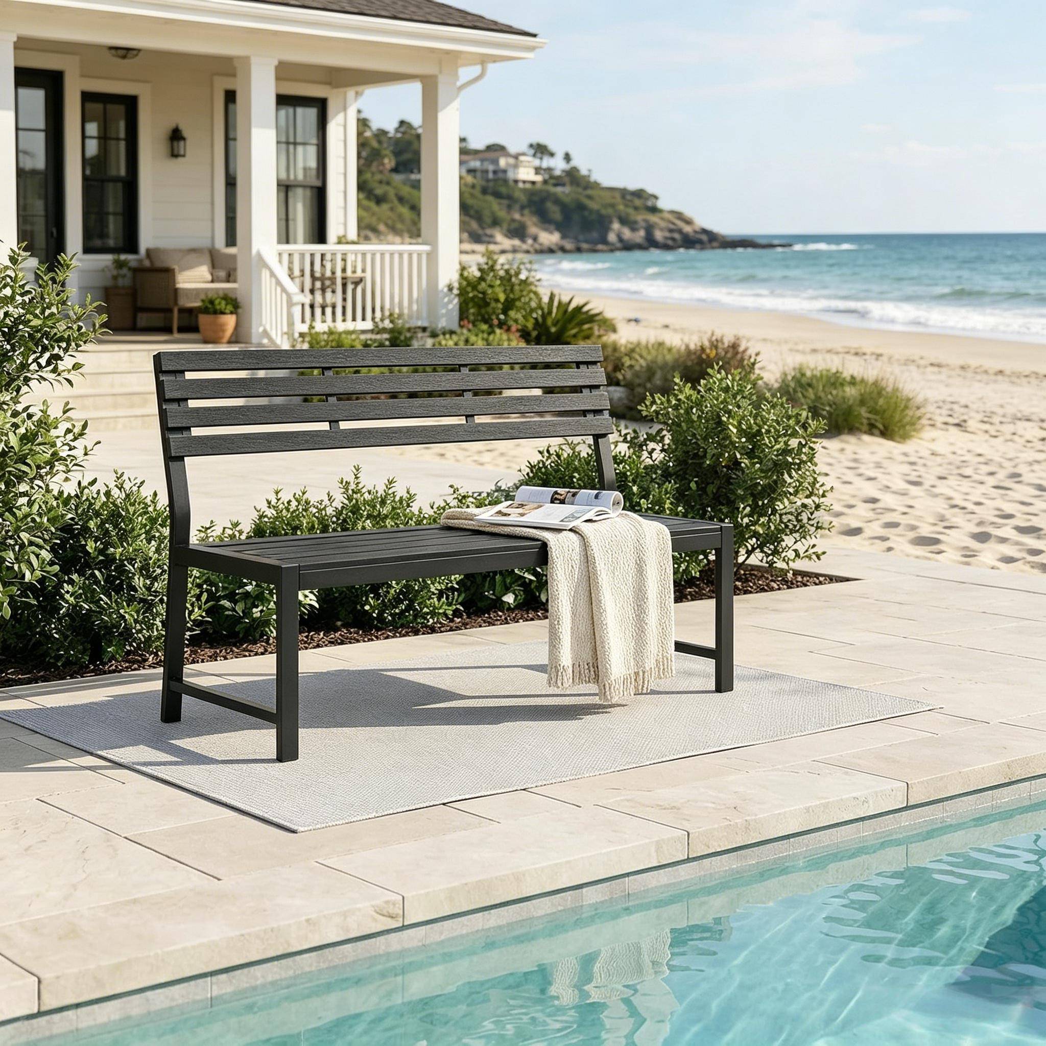ComfortXL - Banc de jardin métal lattes imitation bois pour terrasse résistant intempéries 115cm noir - ComfortXL Outdoor Living - Image 6