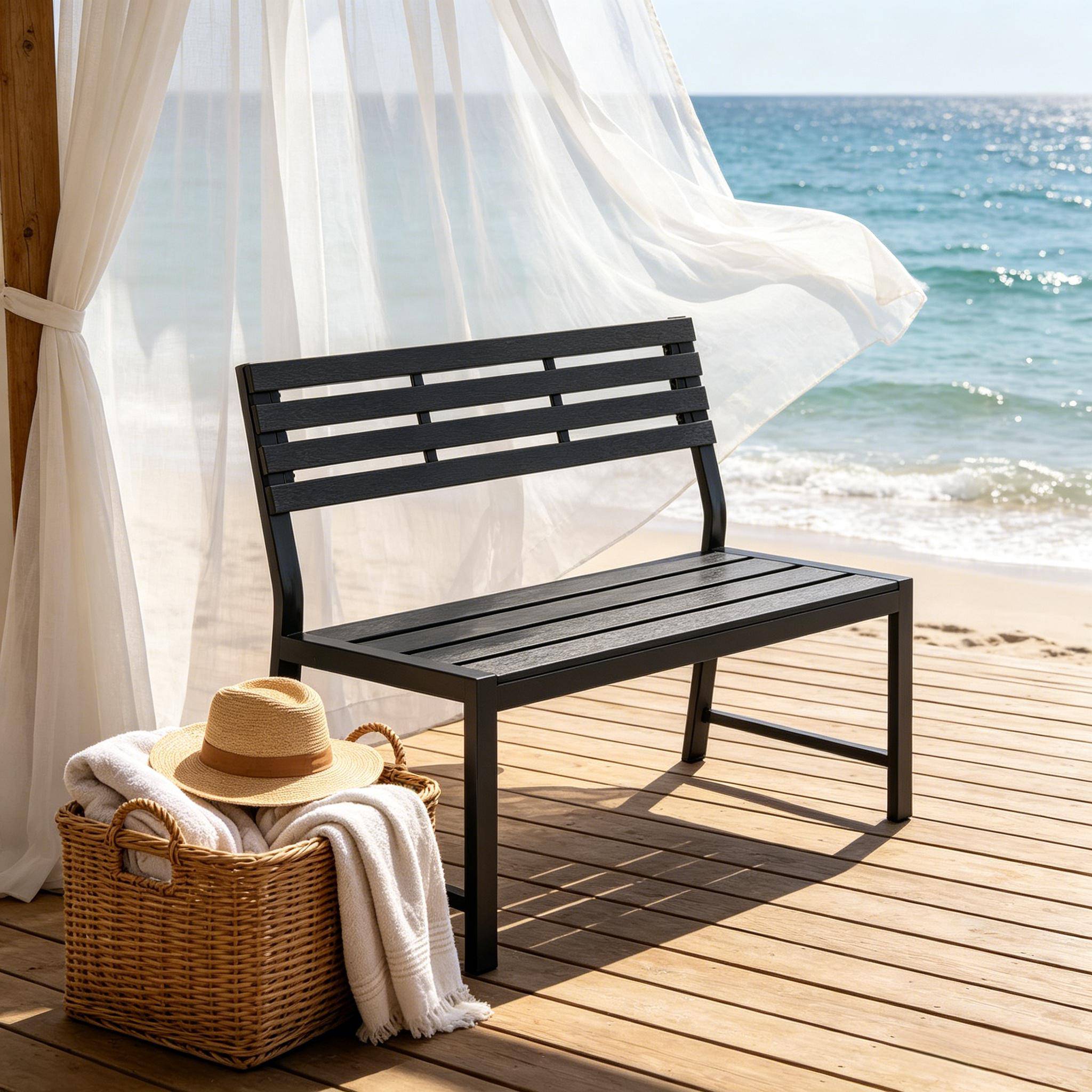 ComfortXL - Banc de jardin métal lattes imitation bois pour terrasse résistant intempéries 115cm noir - ComfortXL Outdoor Living - Image 2