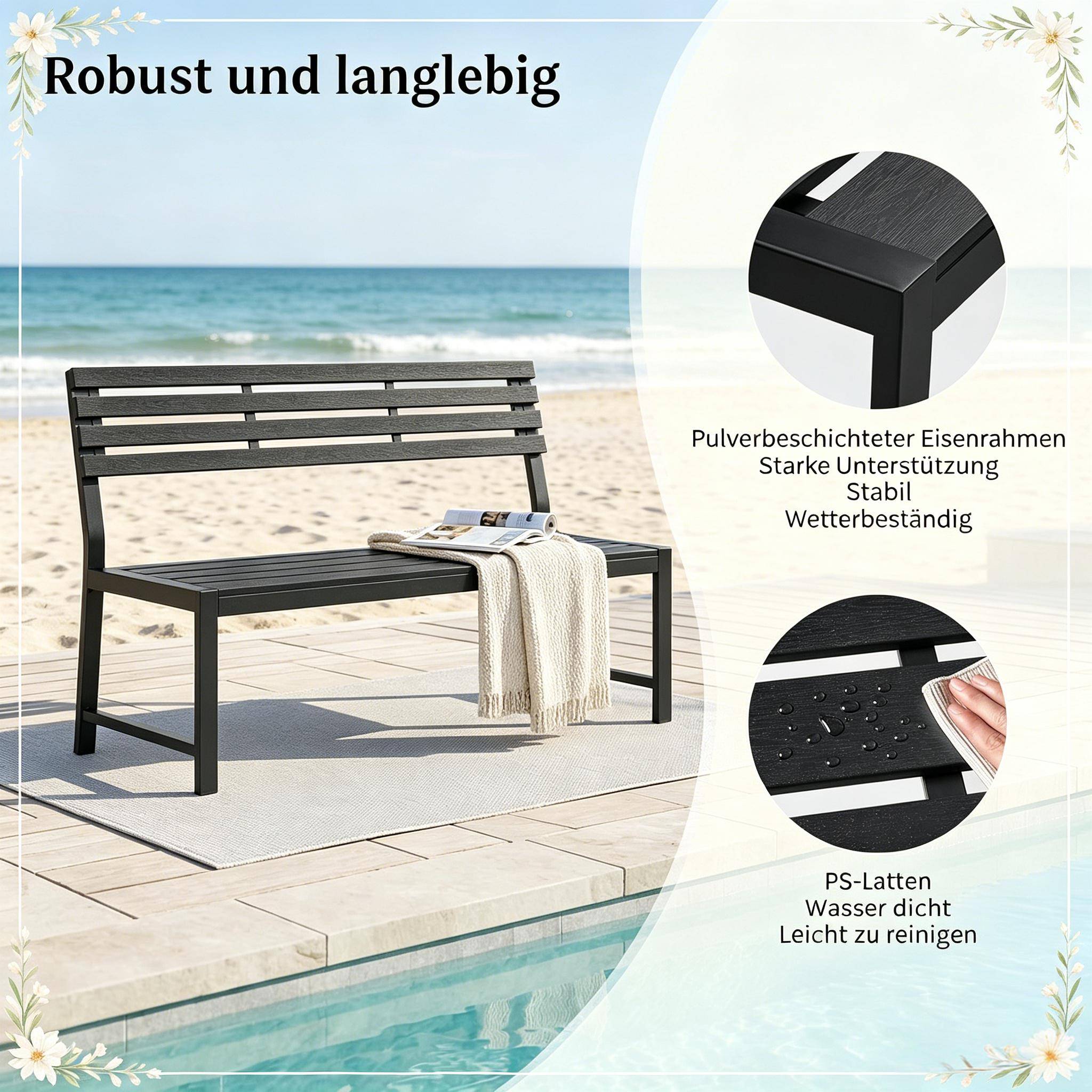 ComfortXL - Banc de jardin métal lattes imitation bois pour terrasse résistant intempéries 115cm noir - ComfortXL Outdoor Living - Image 7