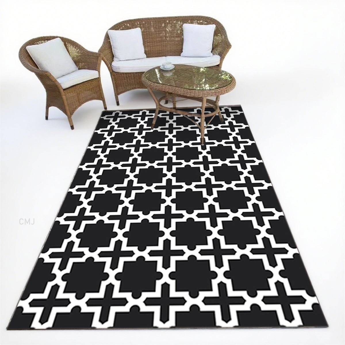 Grand motif géométrique, tapis portable pour camping-car, patio, intérieur et extérieur, plage, terrasse, barbecue,Noir et Blanc,80x120cm-Lytech - Image 1