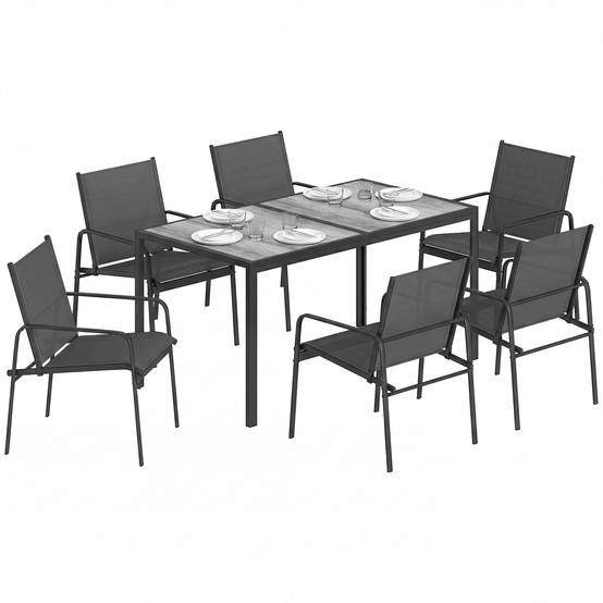 Salon de Jardin Extérieur pour 6 Personnes, Table de Patio Effet Bois et Chaises avec Assise en Maille Respirante, Cadre en Acier Galvanisé, Noir - Image 1