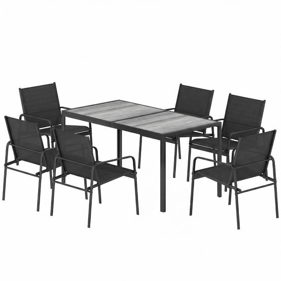 Salon de Jardin Extérieur pour 6 Personnes, Table de Patio Effet Bois et Chaises avec Assise en Maille Respirante, Cadre en Acier Galvanisé, Noir - Image 2
