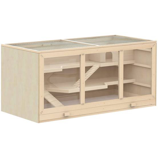 Cage hamster bois massif gerbille intérieur 2 niveaux toit 115x57x55cm naturel - ComfortXL Outdoor Living - Image 1