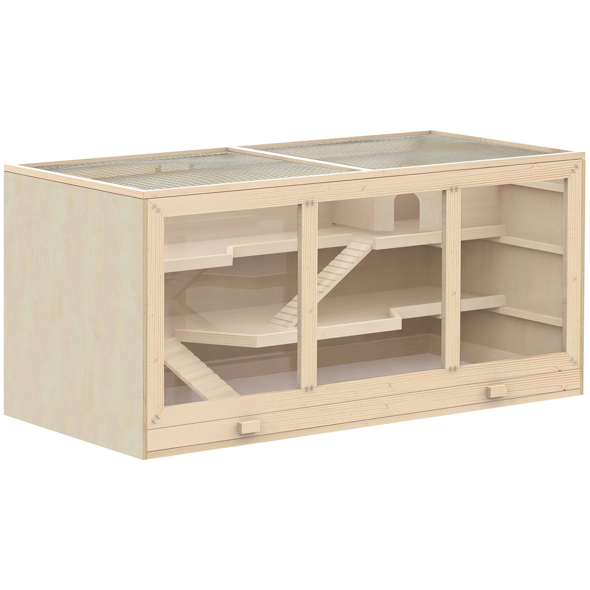 Cage hamster bois massif gerbille intérieur 2 niveaux toit 115x57x55cm naturel - ComfortXL Outdoor Living - Image 1