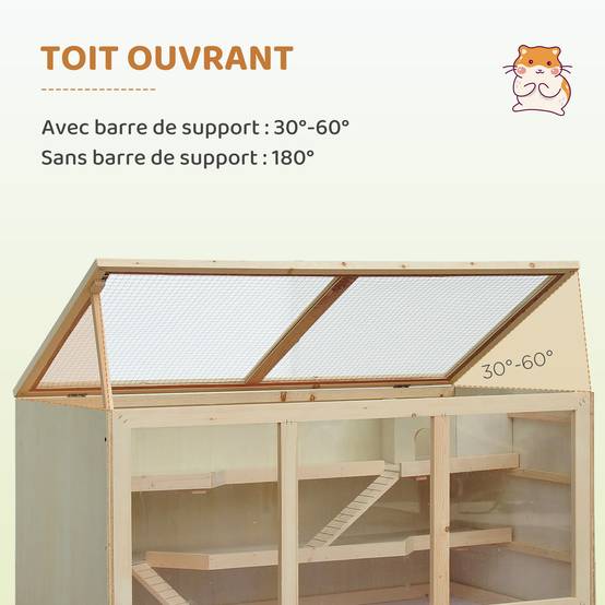 Cage hamster bois massif gerbille intérieur 2 niveaux toit 115x57x55cm naturel - ComfortXL Outdoor Living - Image 8