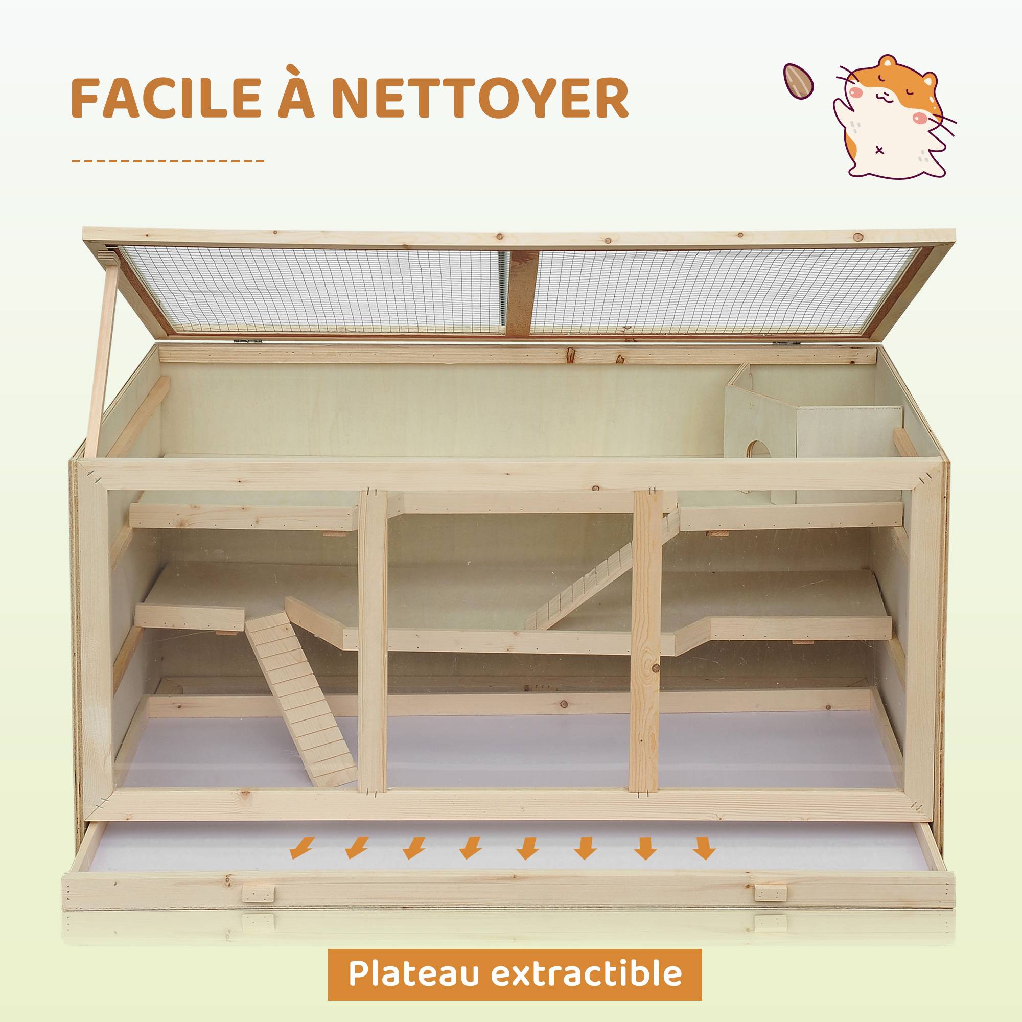 Cage hamster bois massif gerbille intérieur 2 niveaux toit 115x57x55cm naturel - ComfortXL Outdoor Living - Image 9