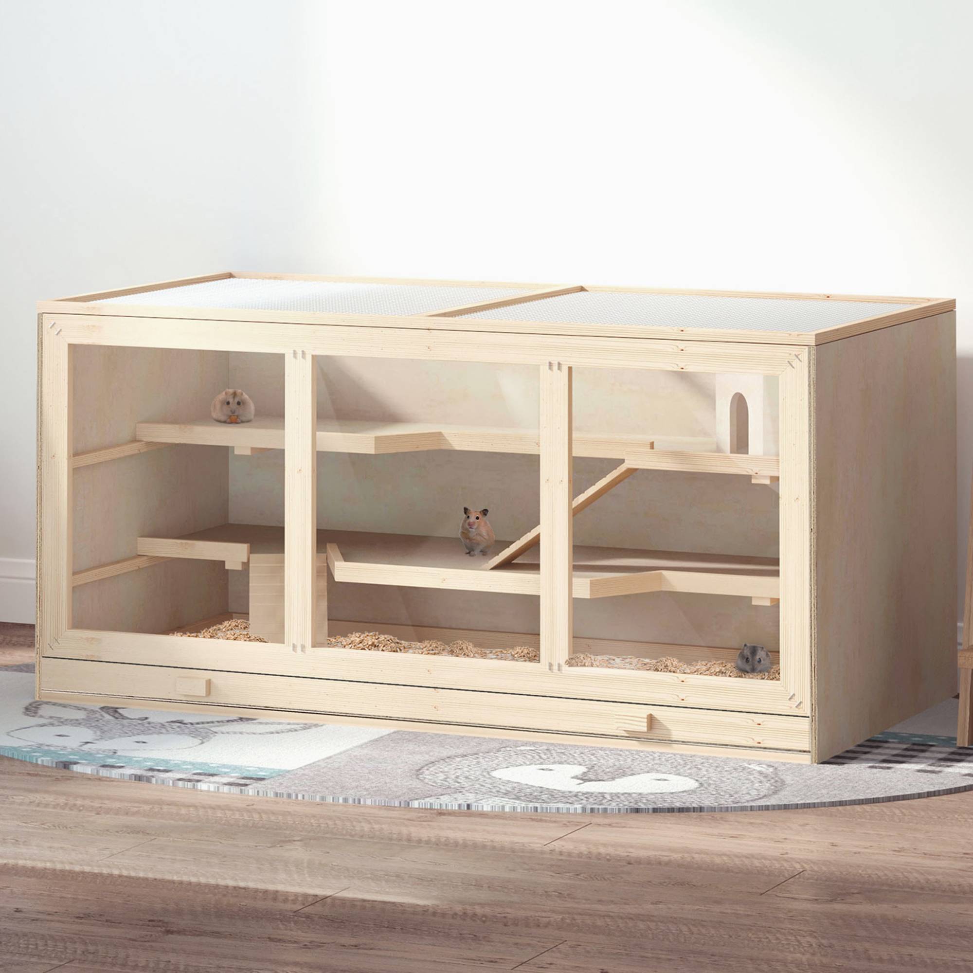 Cage hamster bois massif gerbille intérieur 2 niveaux toit 115x57x55cm naturel - ComfortXL Outdoor Living - Image 3