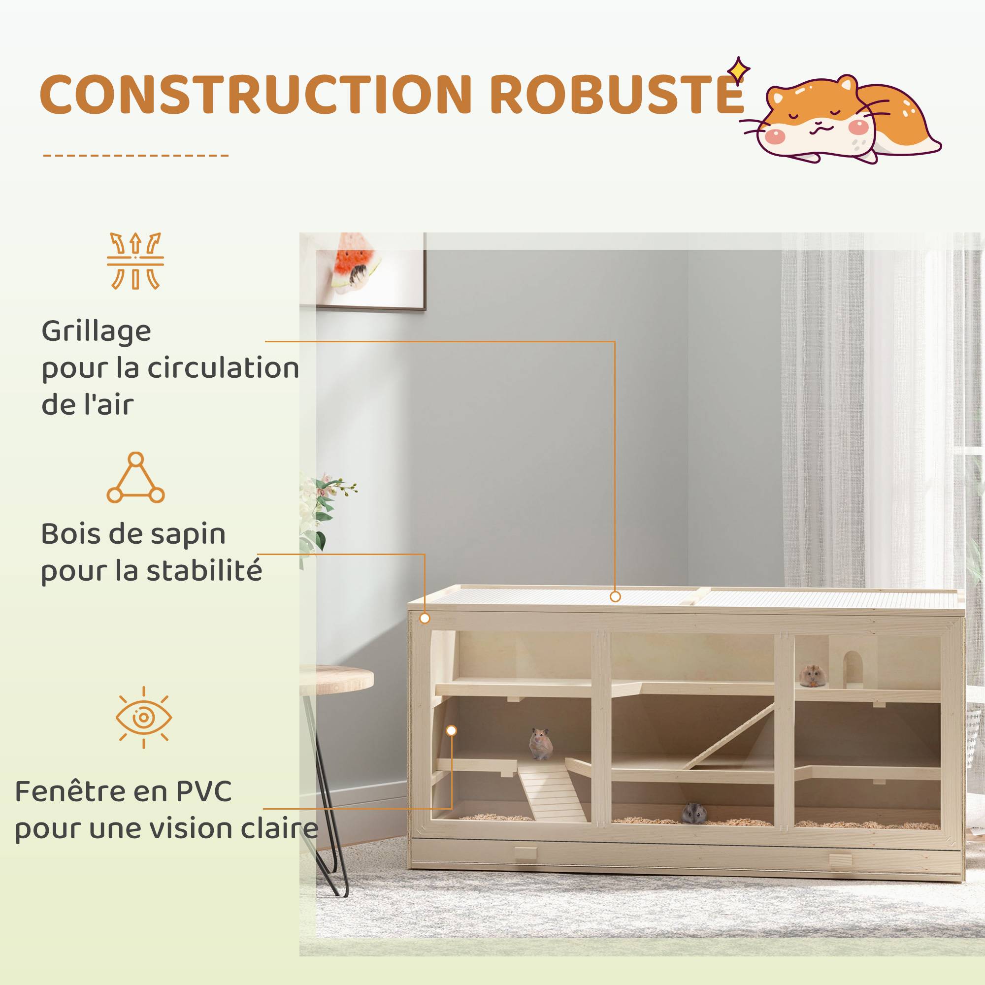 Cage hamster bois massif gerbille intérieur 2 niveaux toit 115x57x55cm naturel - ComfortXL Outdoor Living - Image 7