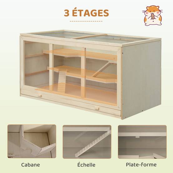 Cage hamster bois massif gerbille intérieur 2 niveaux toit 115x57x55cm naturel - ComfortXL Outdoor Living - Image 6