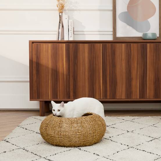 Panier en osier pour chat ou petit chien avec coussin amovible lavable - Image 1