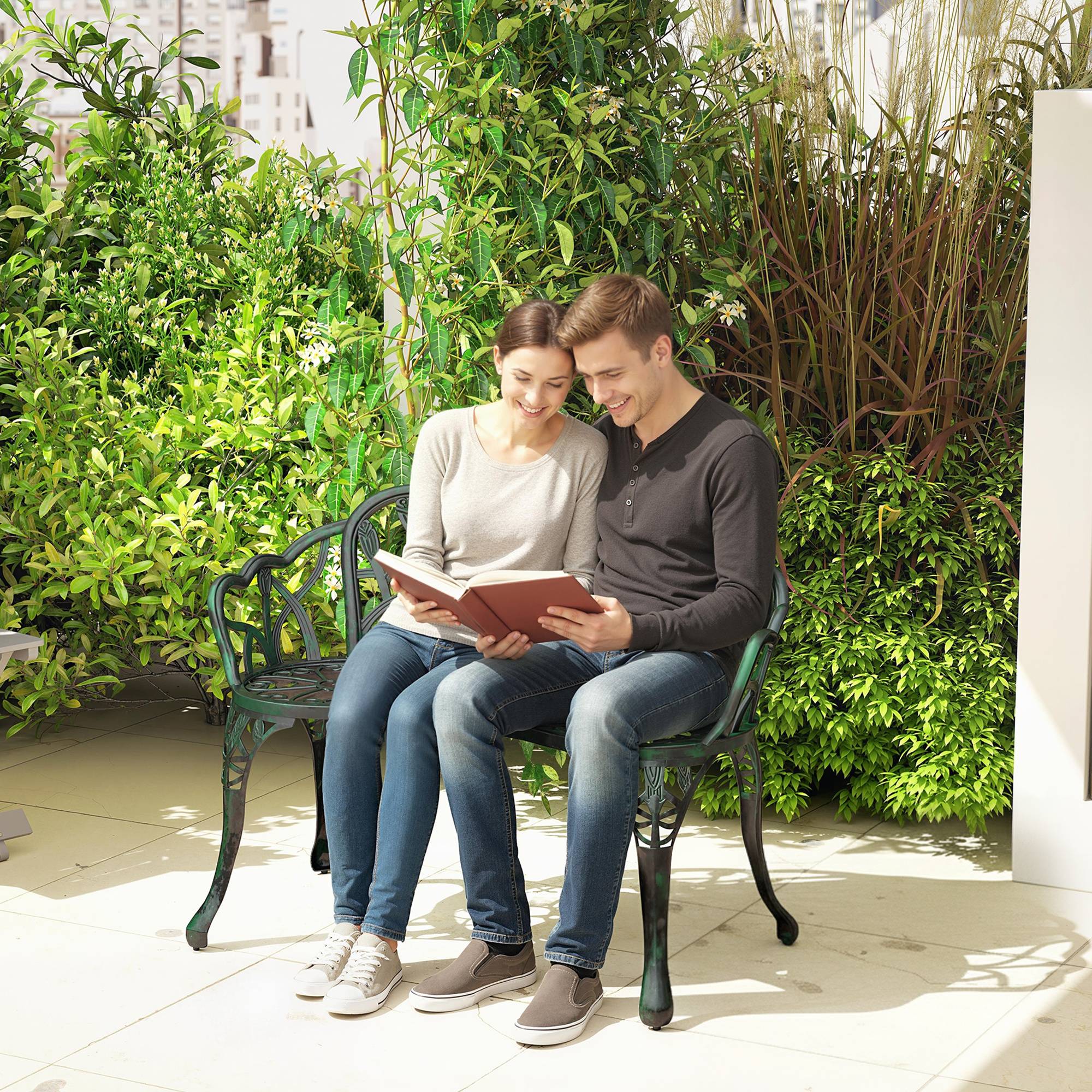 Banc de Jardin Aluminium Extérieur Motif Tulipe 2 Places 99x57x78cm Vert - ComfortXL Outdoor Living - Image 4