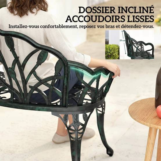 Banc de Jardin Aluminium Extérieur Motif Tulipe 2 Places 99x57x78cm Vert - ComfortXL Outdoor Living - Image 9
