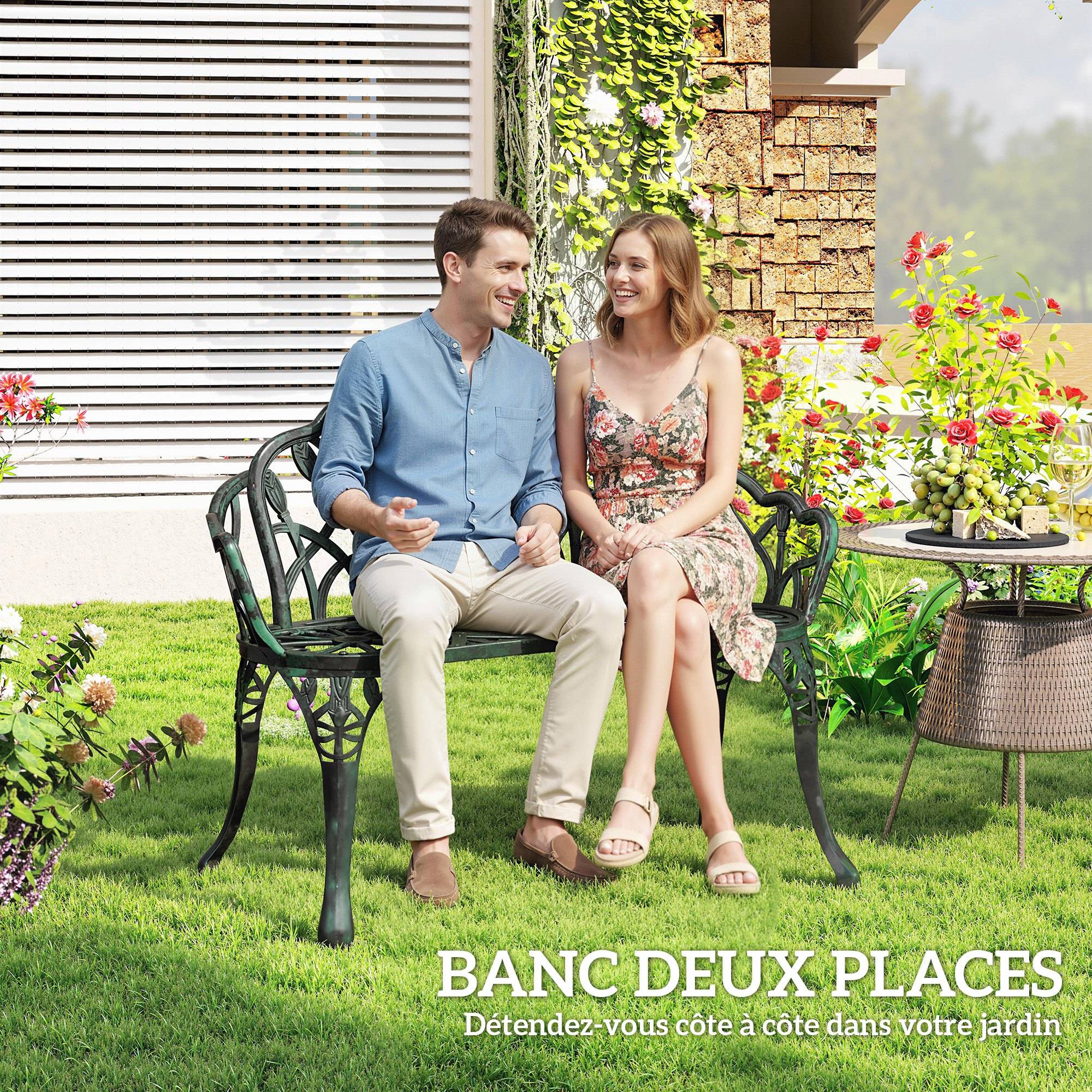 Banc de Jardin Aluminium Extérieur Motif Tulipe 2 Places 99x57x78cm Vert - ComfortXL Outdoor Living - Image 8