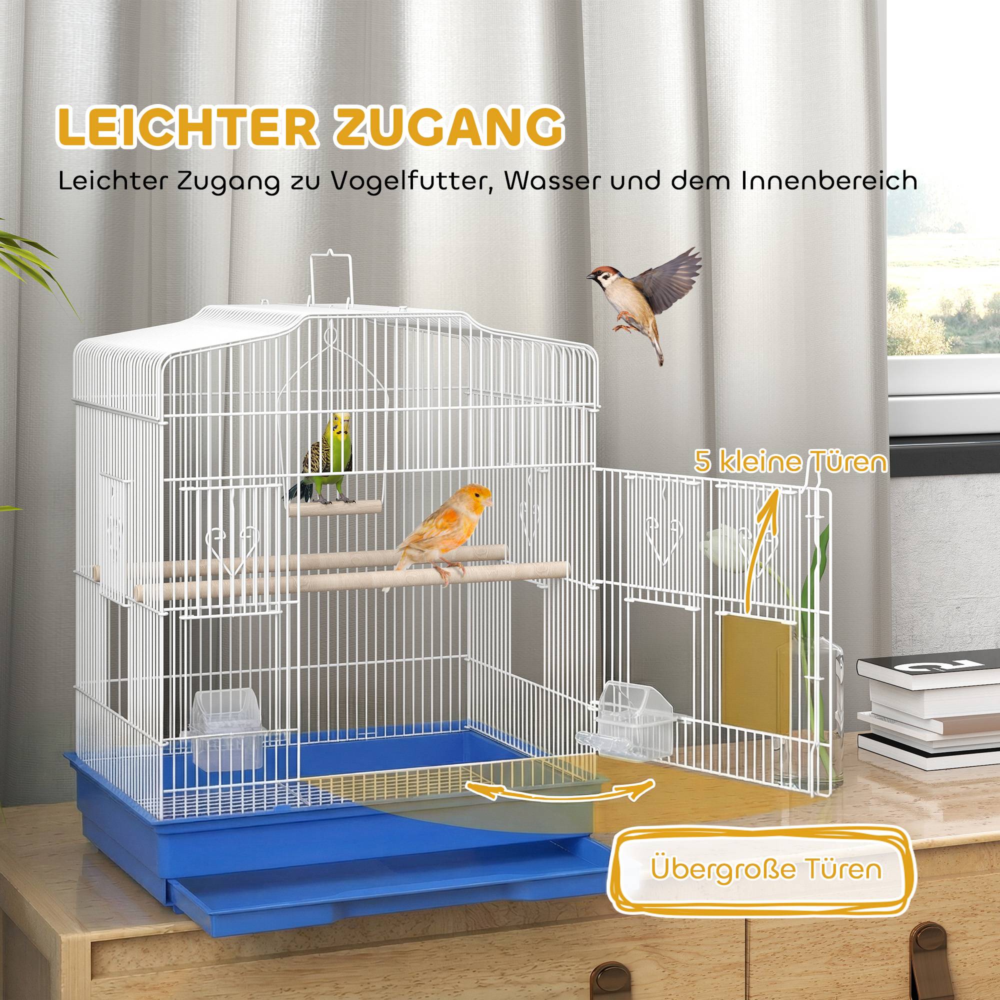 ComfortXL - Cage à oiseaux acier 46,5 x 36 x 59 cm bleu et blanc pour perruches avec perchoirs mangeoires et tiroir amovible - Image 4