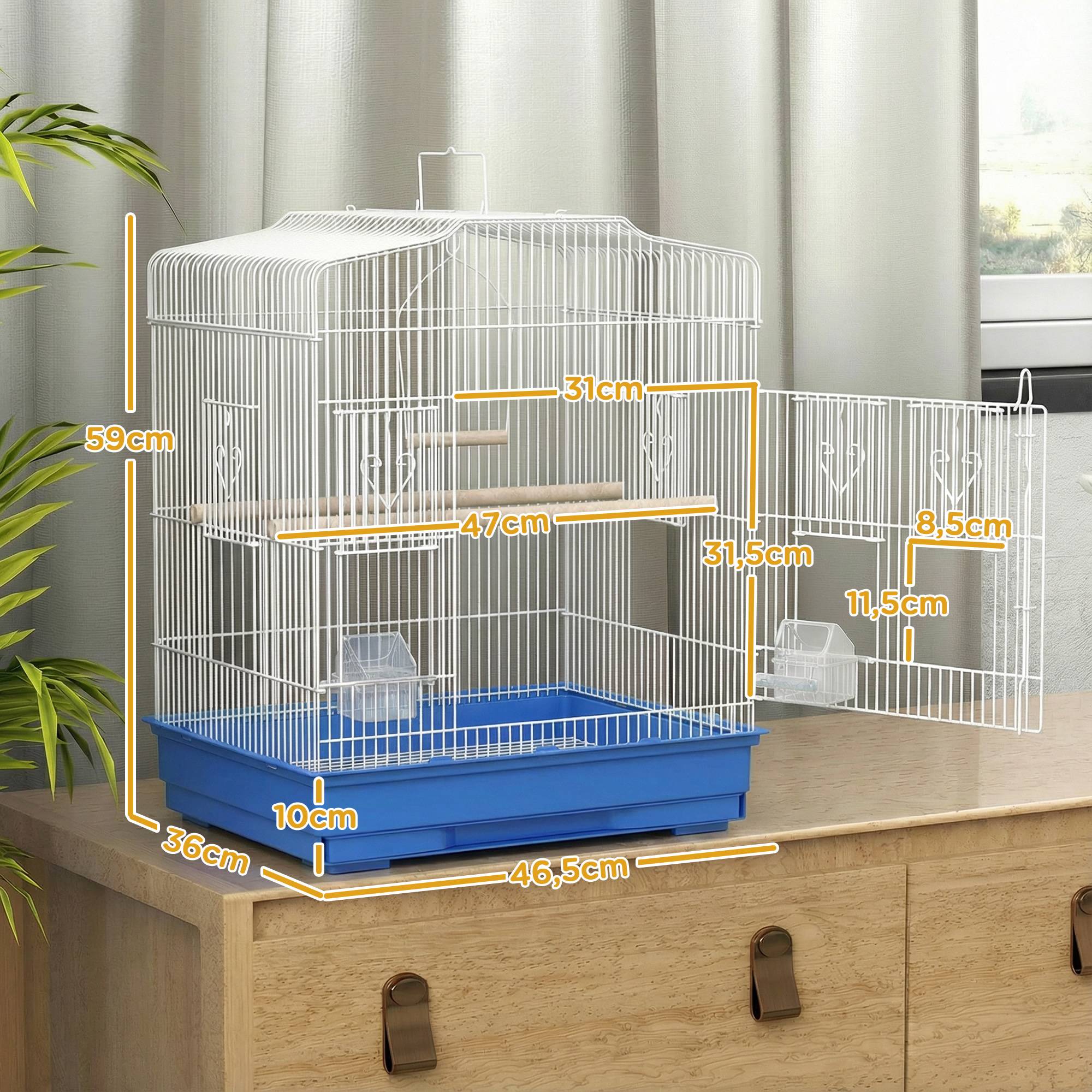 ComfortXL - Cage à oiseaux acier 46,5 x 36 x 59 cm bleu et blanc pour perruches avec perchoirs mangeoires et tiroir amovible - Image 3