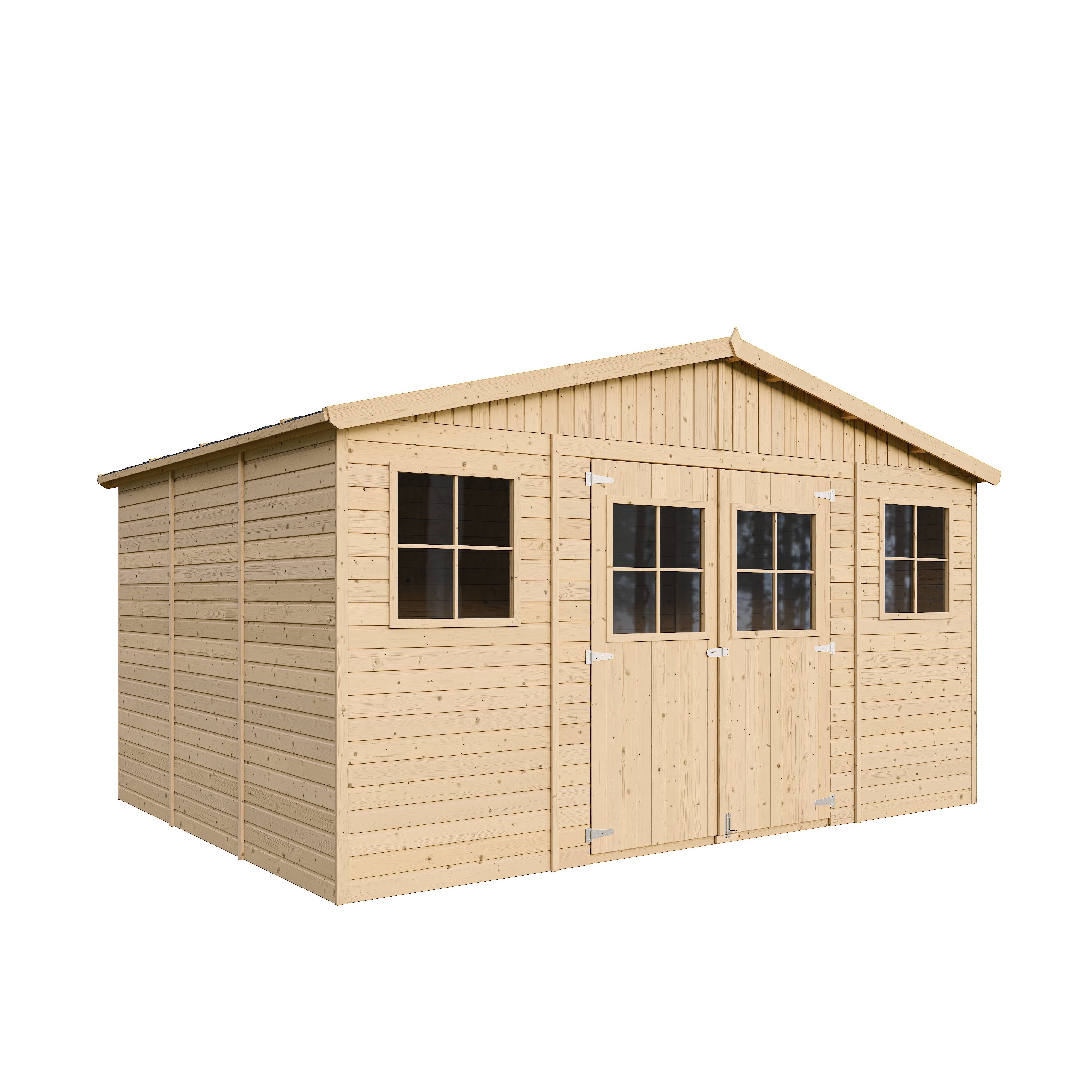 Timbela - Abri de Jardin en Bois Naturel H246x418x320 cm/12 m² avec fenêtres - Atelier rangement outils et vélos - 17 mm d’épaisseur - Timbela M331 - Image 4