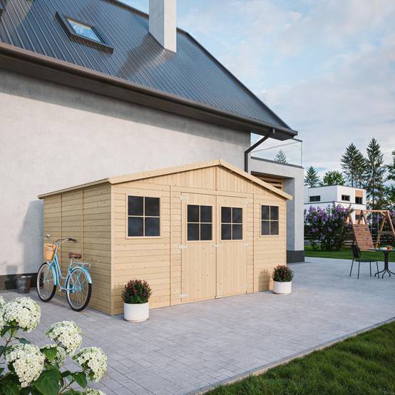 Timbela - Abri de Jardin en Bois Naturel H246x418x320 cm/12 m² avec fenêtres - Atelier rangement outils et vélos - 17 mm d’épaisseur - Timbela M331 - Image 1