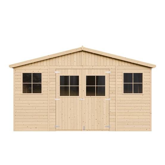 Timbela - Abri de Jardin en Bois Naturel H246x418x320 cm/12 m² avec fenêtres - Atelier rangement outils et vélos - 17 mm d’épaisseur - Timbela M331 - Image 3