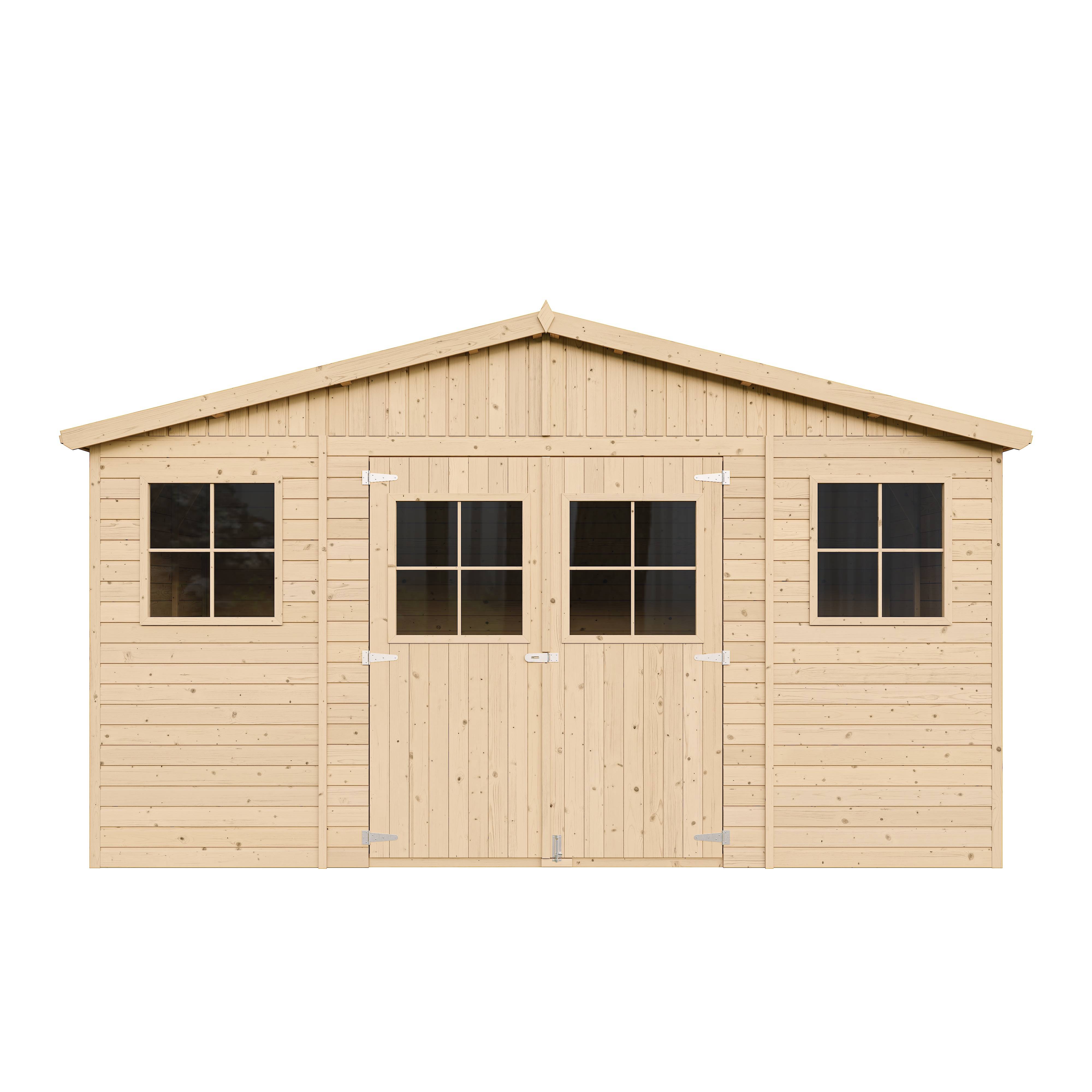 Timbela - Abri de Jardin en Bois Naturel H246x418x320 cm/12 m² avec fenêtres - Atelier rangement outils et vélos - 17 mm d’épaisseur - Timbela M331 - Image 3