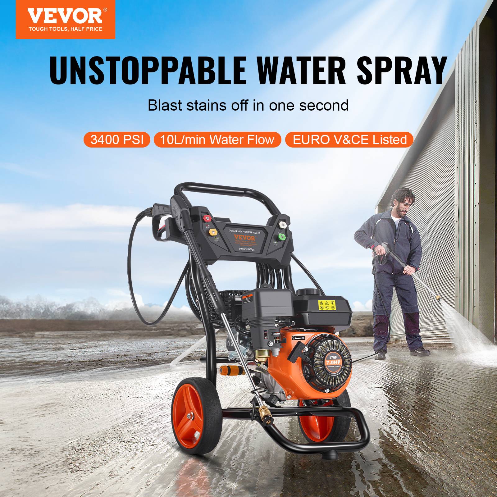VEVOR Nettoyeur HP essence 3400 PSI, 2.6 GPM, pompe alu, 5 buses, pour surfaces variées. - Image 2