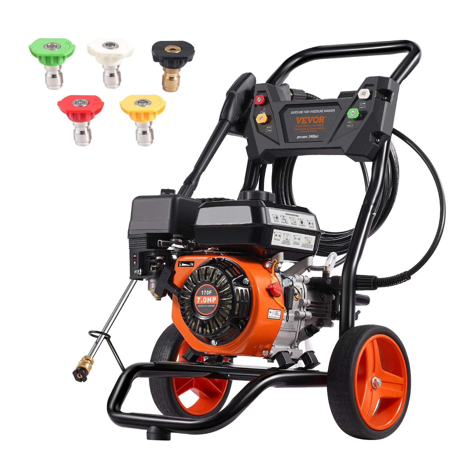 VEVOR Nettoyeur HP essence 3400 PSI, 2.6 GPM, pompe alu, 5 buses, pour surfaces variées. - Image 1