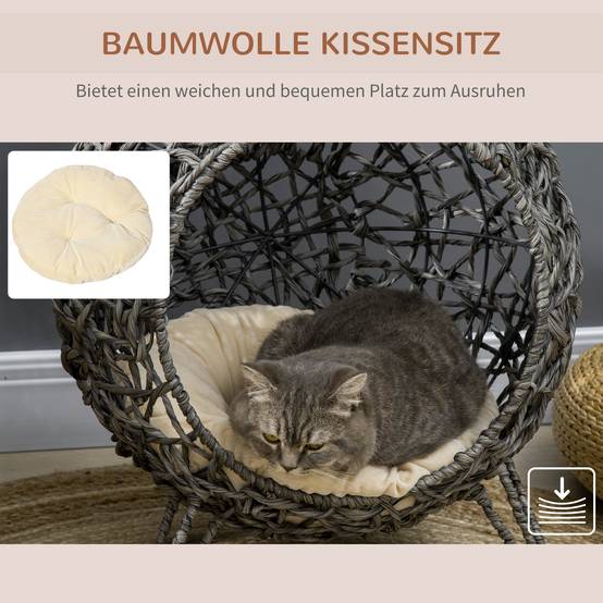 Maison chat rotin coussin couchage niche pieds surélevés gris argent Ø52x58 cm - Image 7