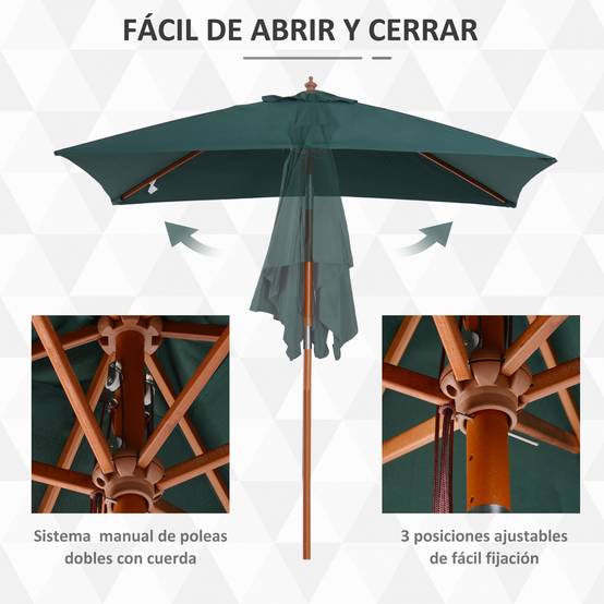 ComfortXL - Parasol Rectangulaire 2x1,5m Mât Bois Inclinable Ouverture à Poulie Idéal pour Balcon Terrasse Vert - ComfortXL Outdoor Living - Image 8
