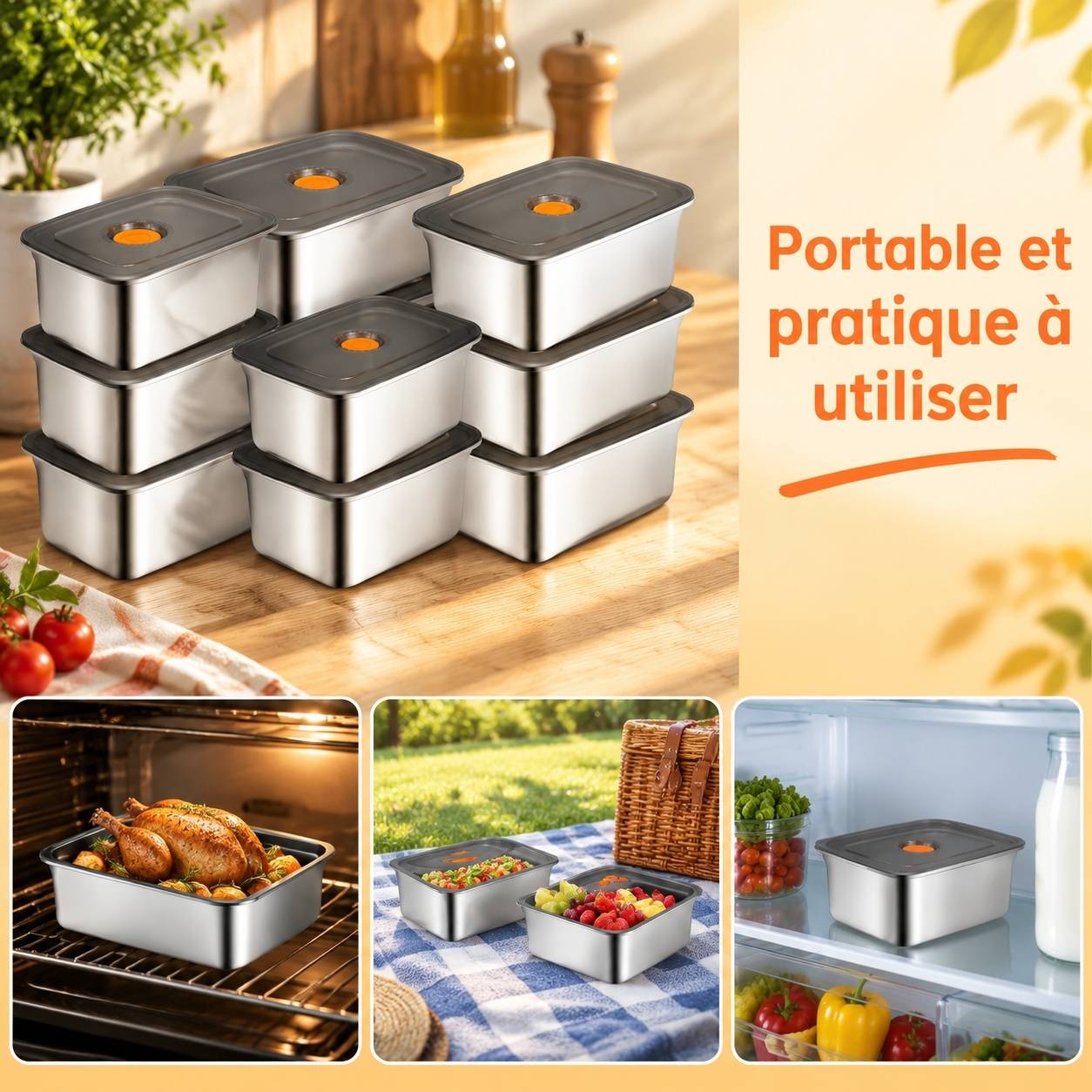 Lot de 10 Boîtes de Conservation Alimentaire en Acier Inoxydable avec Couvercles 1.2 L - Image 5