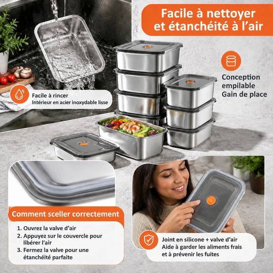 Lot de 10 Boîtes de Conservation Alimentaire en Acier Inoxydable avec Couvercles 1.2 L - Image 3