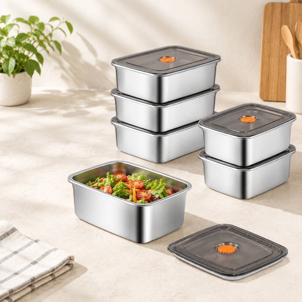 Lot de 10 Boîtes de Conservation Alimentaire en Acier Inoxydable avec Couvercles 1.2 L - Image 7