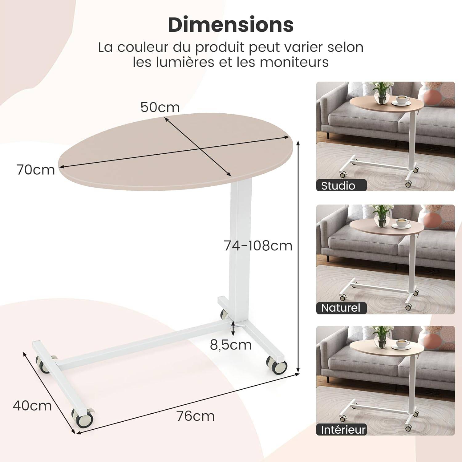 Table Bar Haute Mobile, Table Mange Debout Réglable 74-108CM, Roulettes Verrouillables, Vérin Pneumatique, Plateau Ovale Charge 75kg - Imagen 3