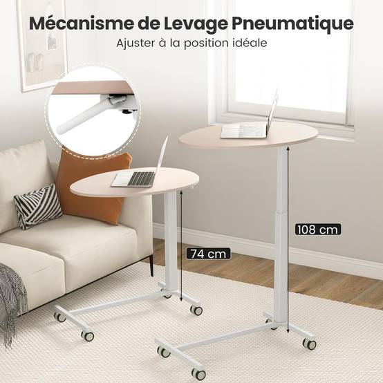 Table Bar Haute Mobile, Table Mange Debout Réglable 74-108CM, Roulettes Verrouillables, Vérin Pneumatique, Plateau Ovale Charge 75kg - Imagen 6