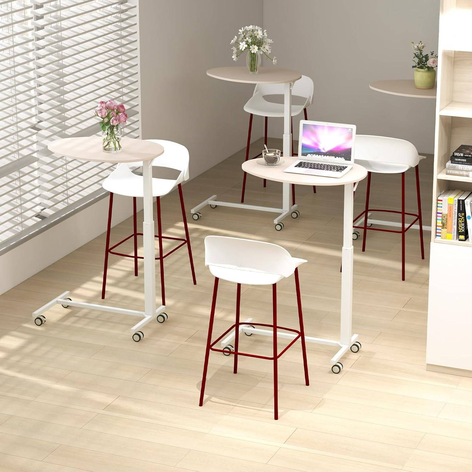 Table Bar Haute Mobile, Table Mange Debout Réglable 74-108CM, Roulettes Verrouillables, Vérin Pneumatique, Plateau Ovale Charge 75kg - Imagen 2