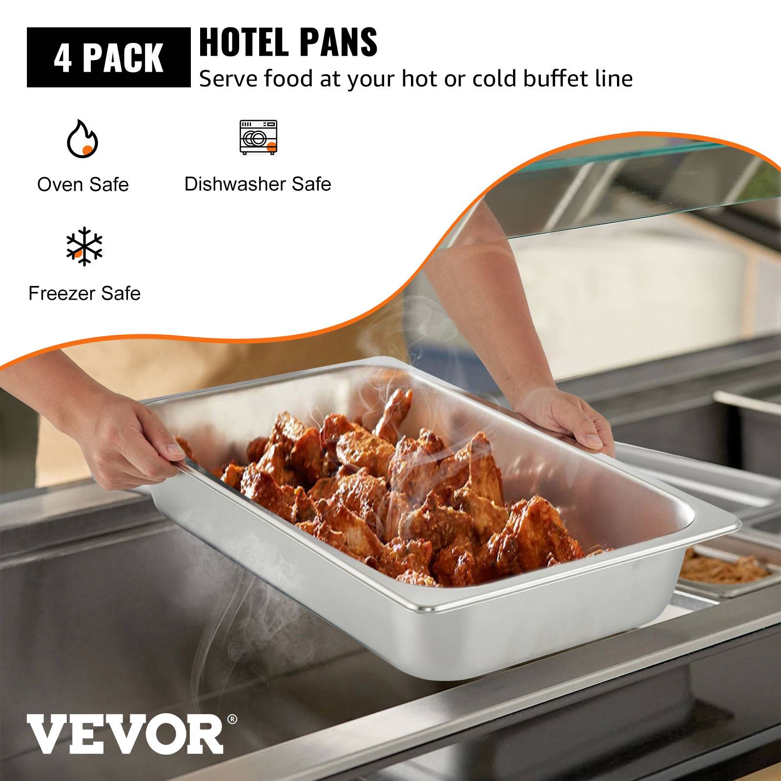 VEVOR Lot de 4 plats rectangulaires en inox 13L, épaisseur 0,8mm, poli miroir, pour aliments chauds/froids, cuisson au four. - Image 2
