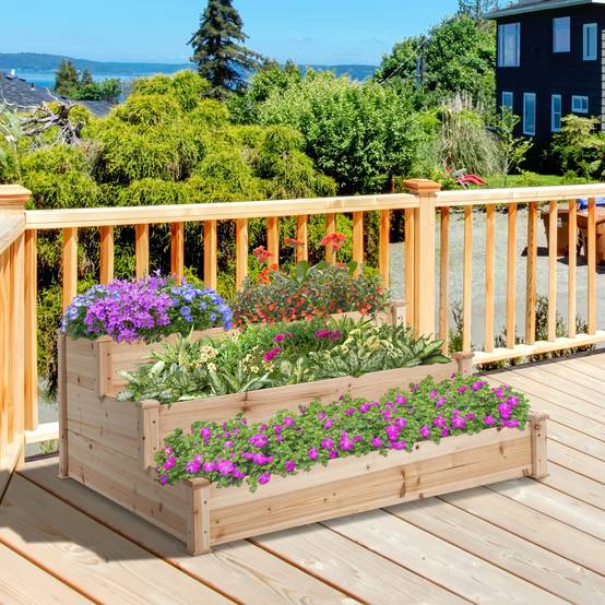 Bac à fleurs surélevé en bois naturel 3 niveaux pour jardin et balcon 124 x 124 x 56 cm - PANGIVO - Image 2