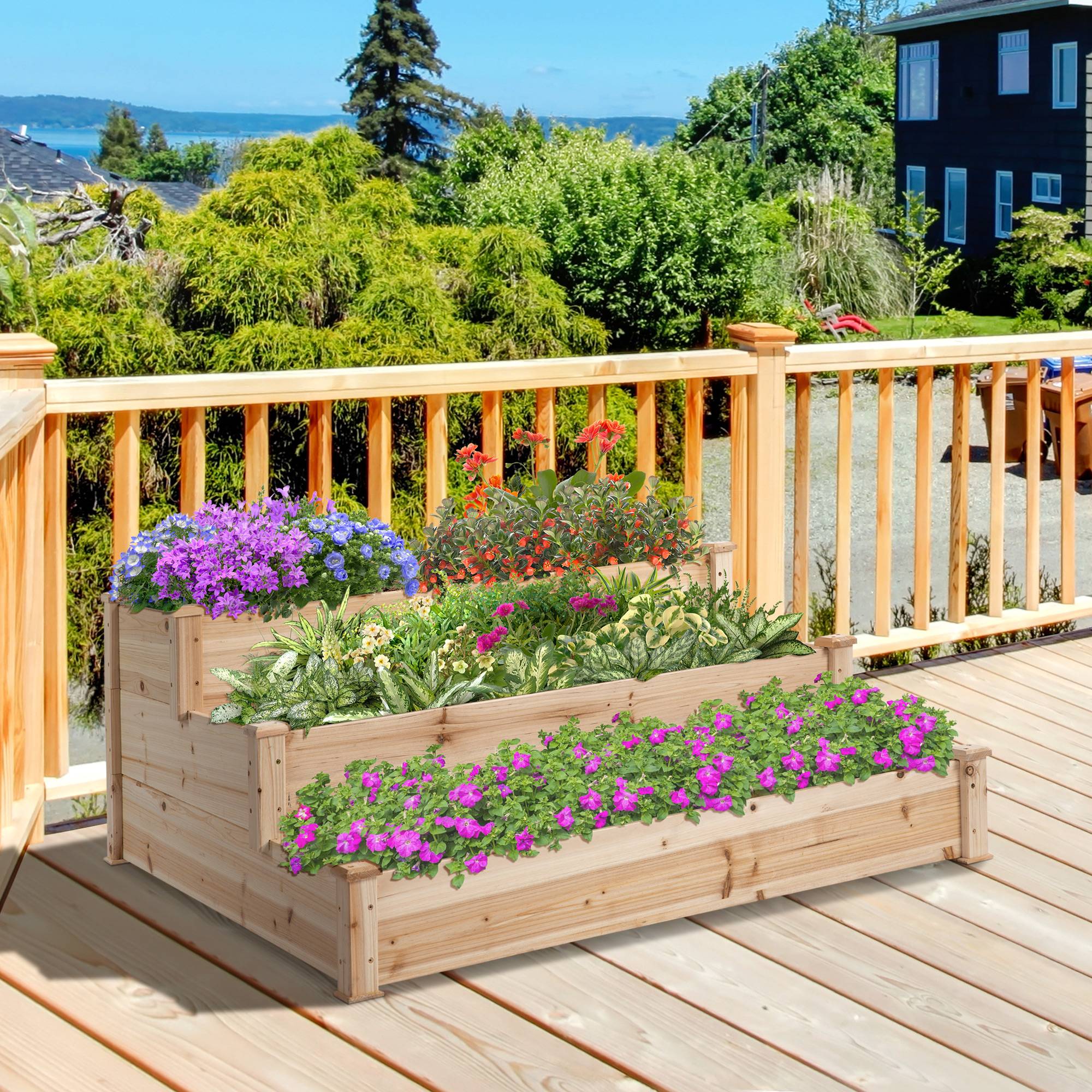 Bac à fleurs surélevé en bois naturel 3 niveaux pour jardin et balcon 124 x 124 x 56 cm - PANGIVO - Image 2