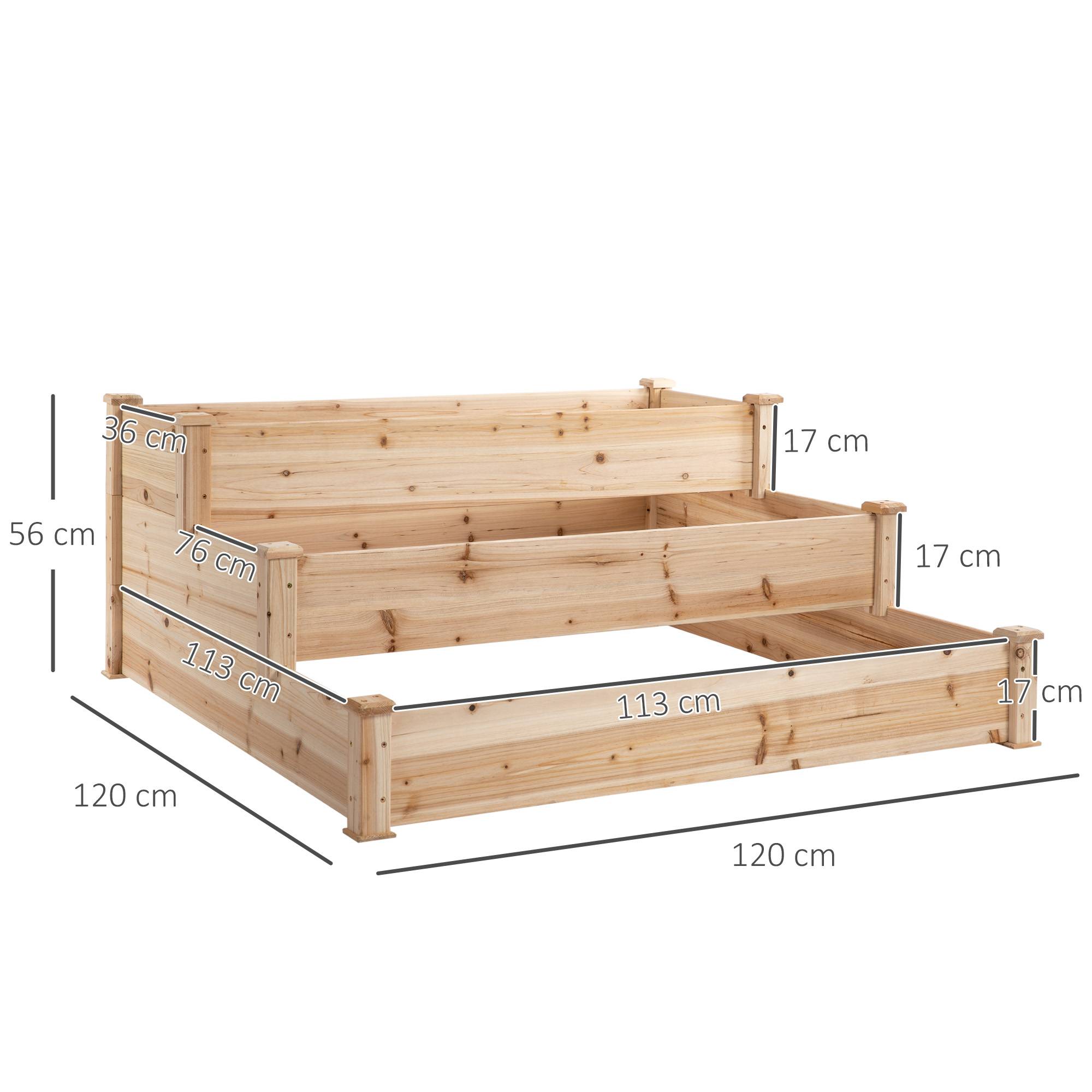 Bac à fleurs surélevé en bois naturel 3 niveaux pour jardin et balcon 124 x 124 x 56 cm - PANGIVO - Image 3
