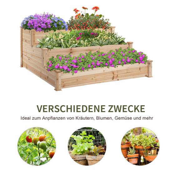 Bac à fleurs surélevé en bois naturel 3 niveaux pour jardin et balcon 124 x 124 x 56 cm - PANGIVO - Image 6