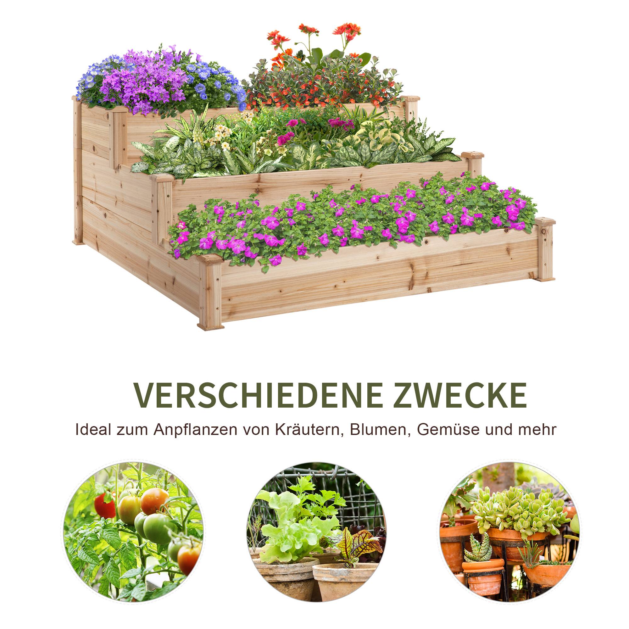 Bac à fleurs surélevé en bois naturel 3 niveaux pour jardin et balcon 124 x 124 x 56 cm - PANGIVO - Image 6