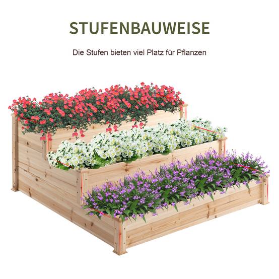 Bac à fleurs surélevé en bois naturel 3 niveaux pour jardin et balcon 124 x 124 x 56 cm - PANGIVO - Image 4