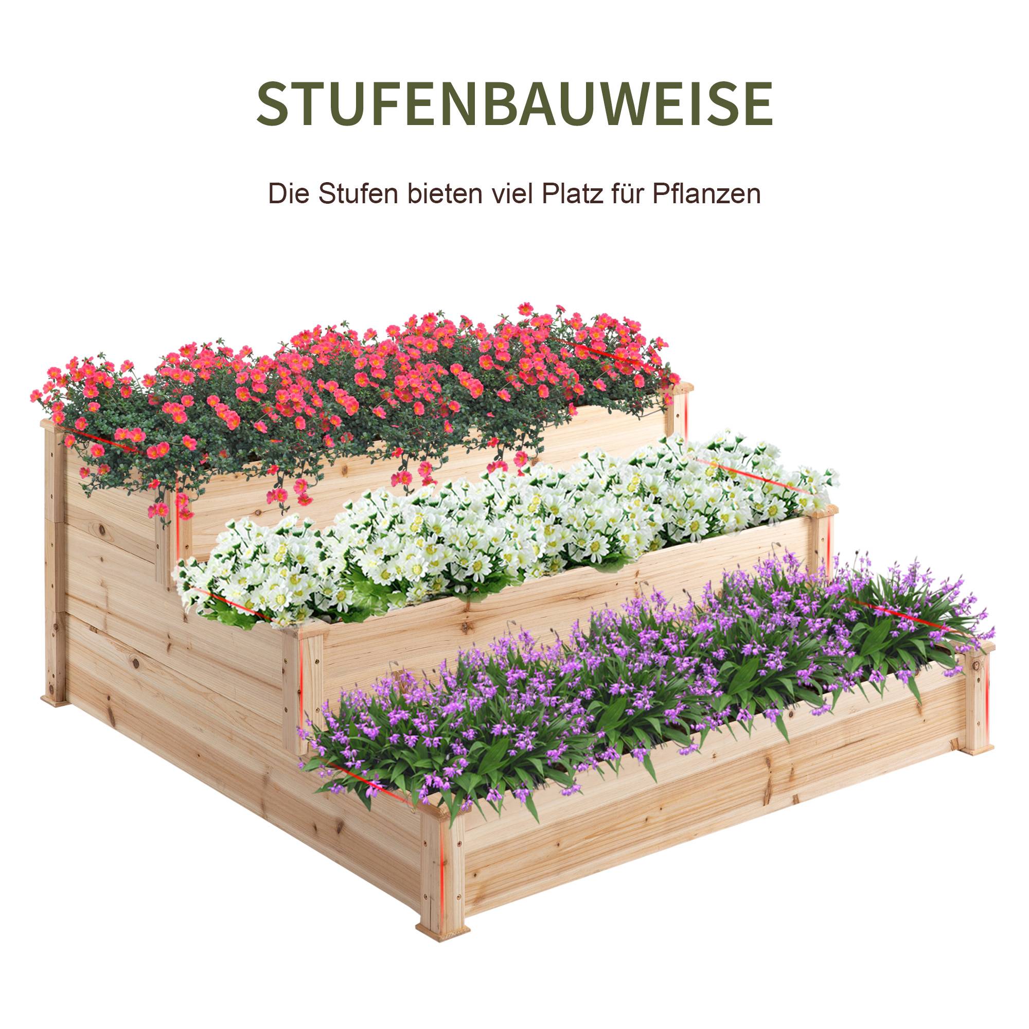 Bac à fleurs surélevé en bois naturel 3 niveaux pour jardin et balcon 124 x 124 x 56 cm - PANGIVO - Image 4