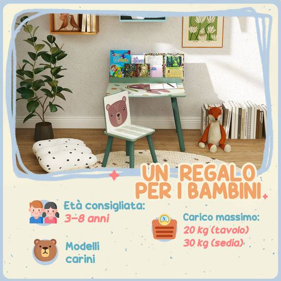 Tablette et chaise enfant avec étagère rangement, MDF et pin, vert - Image 9