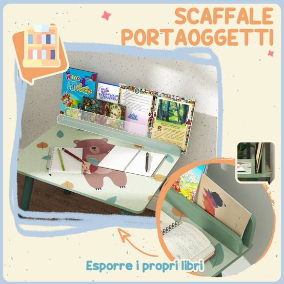 Tablette et chaise enfant avec étagère rangement, MDF et pin, vert - Image 7