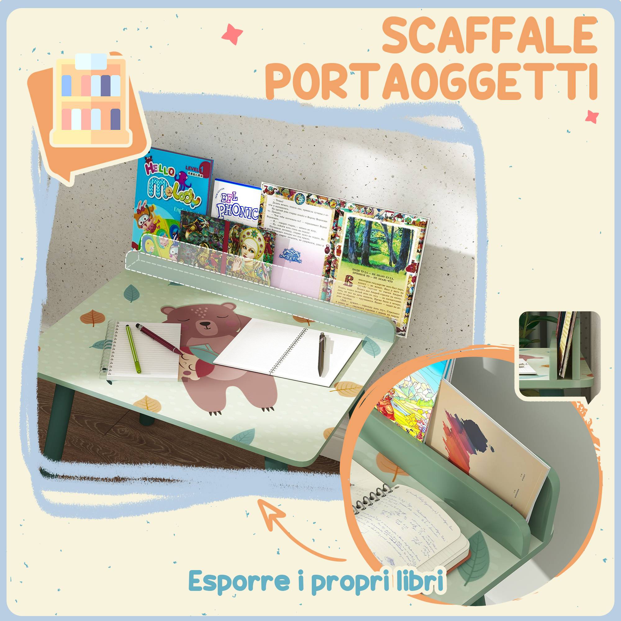 Tablette et chaise enfant avec étagère rangement, MDF et pin, vert - Image 7