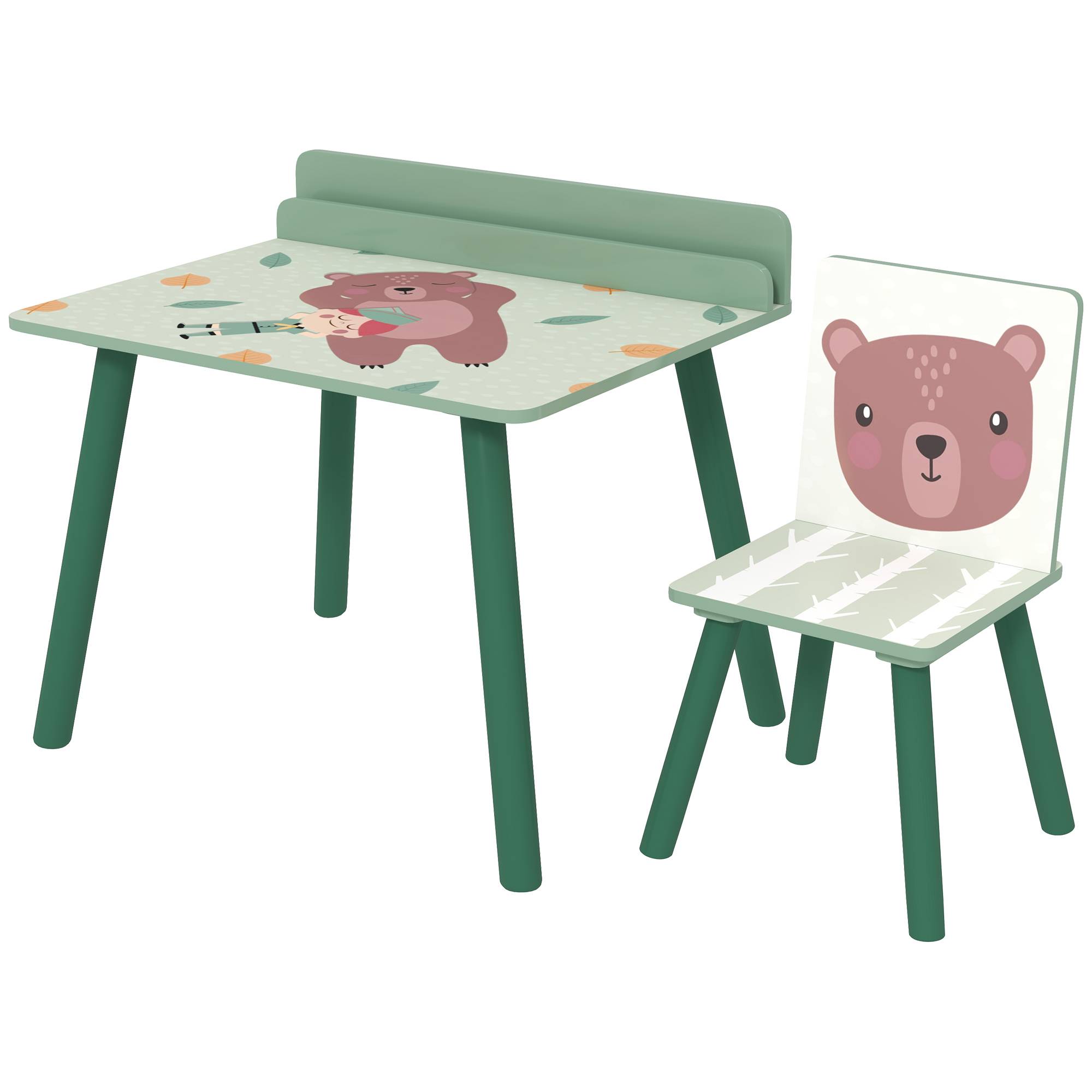 Tablette et chaise enfant avec étagère rangement, MDF et pin, vert - Image 2